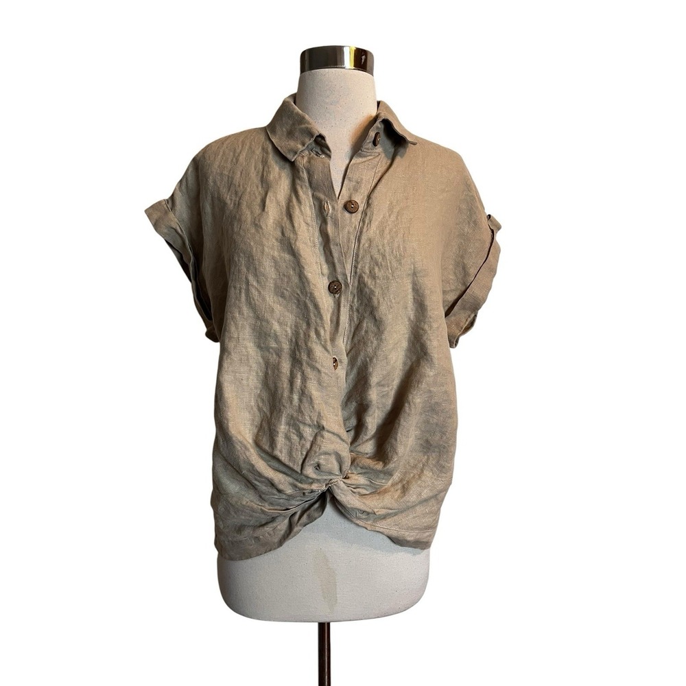Le Paris Petite By I Love Linen Top S Beige Knotted Front Shirt Short Sleeve